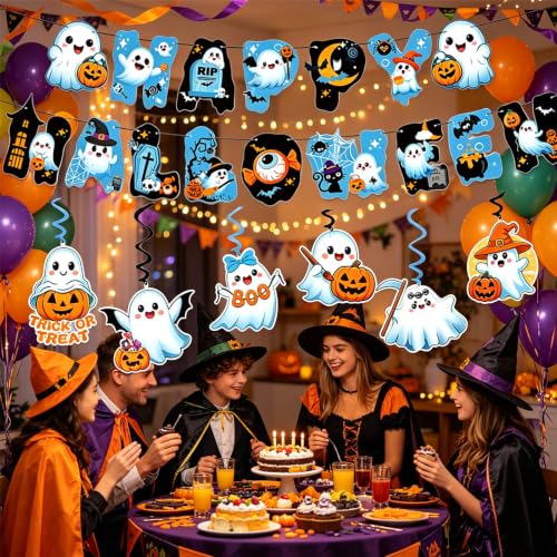 Halloween Ghost Party Decorations Set | 51-Piece Ghosts, Banner, Balloons & Cake Toppers