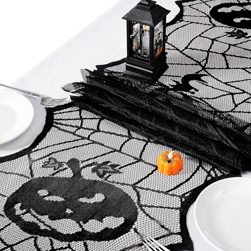 Halloween Table Runners Black Pumpkin Web Lace 18x72 Inch 2 Pack - Spider Web Design