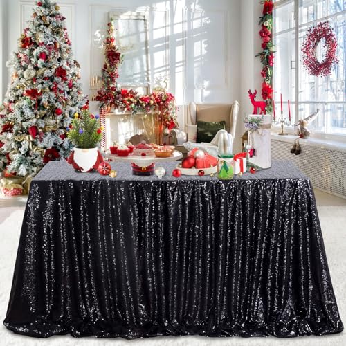 Black Sequin Tablecloth 90x132 Inch Rectangular Halloween Decor - QueenDream