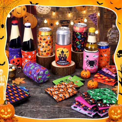 Halloween Can Cooler Sleeves Set - 24 Spooky Insulated Drink Insulators with 12 Patterns