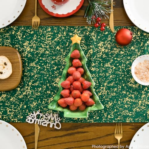Dark Green Fleece Table Runner 13x120 Inch Holiday Kitchen Decor Glitter Metallic