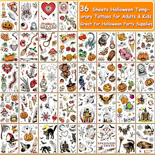 Halloween Temporary Tattoos Set for Kids & Adults - Vintage Retro Designs, 36 Sheets