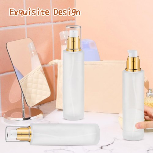 8 Pcs 120ml/4oz Frosted Glass Bottles Refillable Pump Dispenser Jar Travel Lotion Vials with Plastic Pump Head for Toiletry Liquid Foundation Cream Cosmetic Samples - Gold