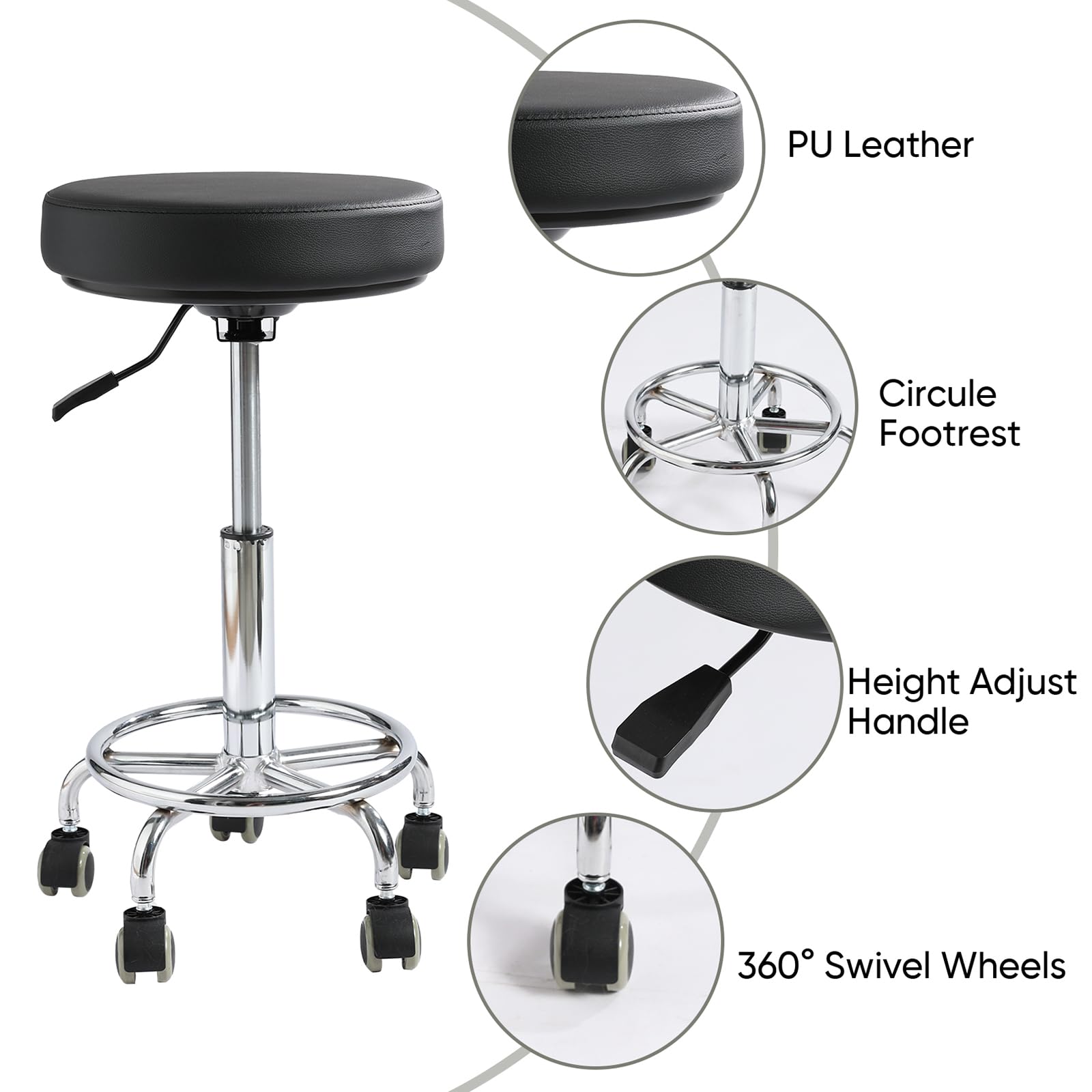 Viviange Adjustable Rolling Stool with Wheels - Ergonomic Salon & Tattoo Artist Chair, Office Stool with Comfortable PU Leather Seat,Black