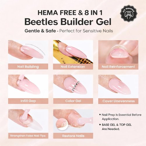 Beetles Builder Gel Kit HEMA Free & Handheld Nail Lamp, 8 in 1 Nail Thickening Strengthening Building Apex for Beginner DIY Salon at Home with Base & Top Coat,Clear Natural Nude Builder Nail Gel