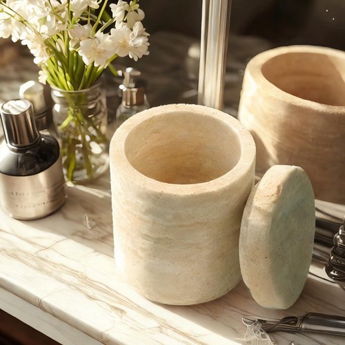 Natural Marble Canister - Elegant Cotton Swab Holder with Lid | Beige White Travertine Design