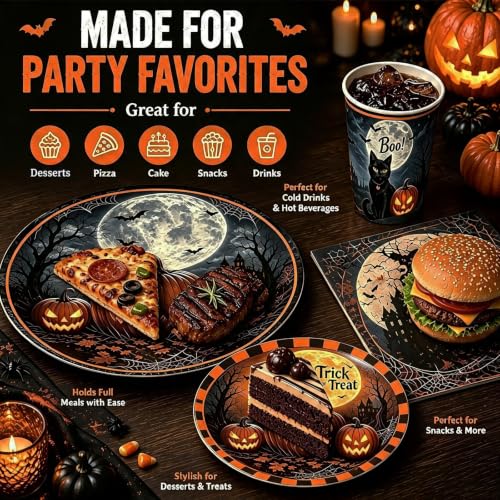 Halloween Party Supplies Set for 24 Guests - Plates, Napkins, Cups, Forks & Tablecloth - Halloween
