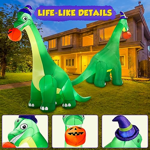 Giant Halloween Inflatable Dinosaur with Pumpkin & Witch Hat - 13Ft Yard Decor with LED Lights