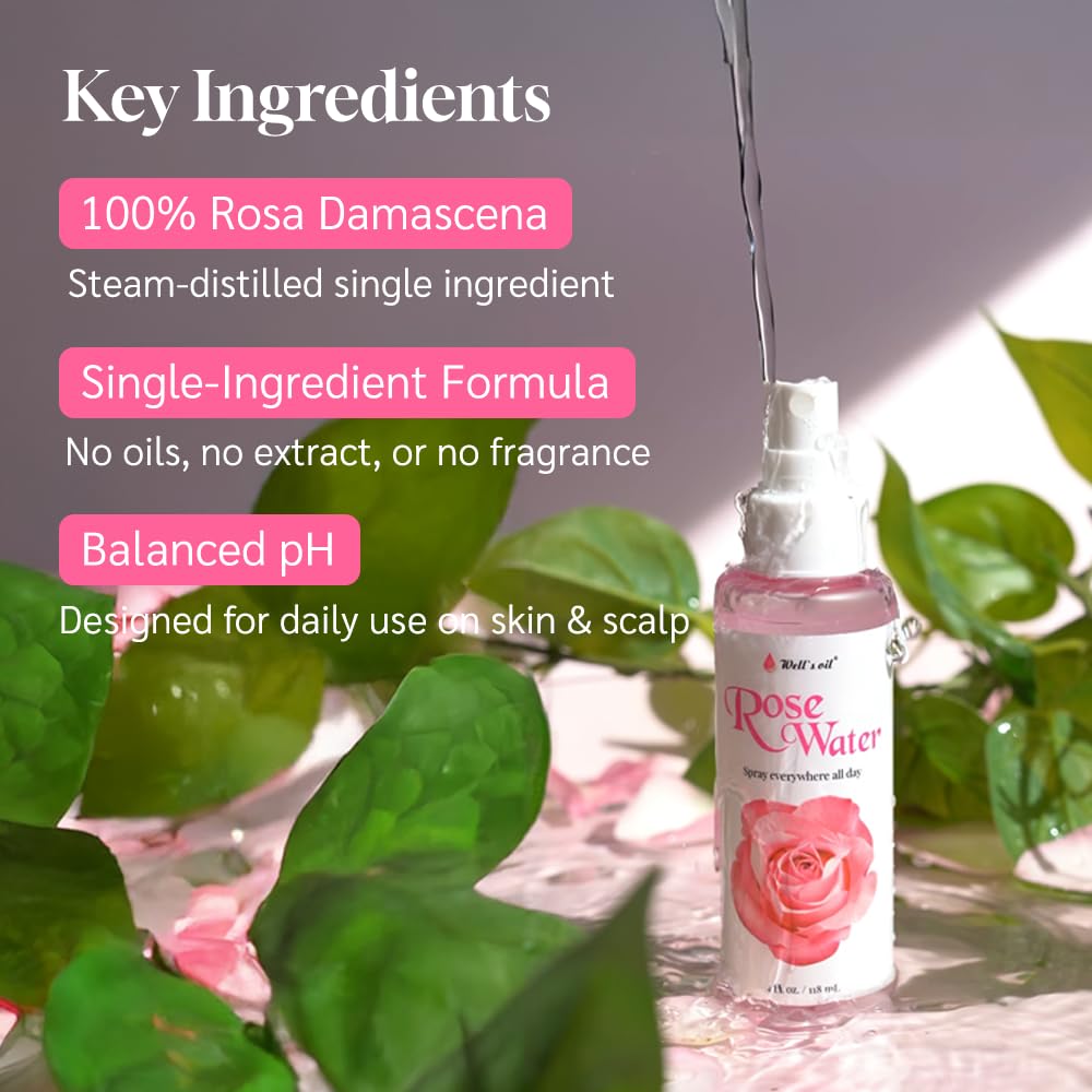 Well's Oil Rosewater Face & Hair Mist Spray (8 fl oz / 236 mL) | Floral Rosewater Hydrosol | Alcohol-Free