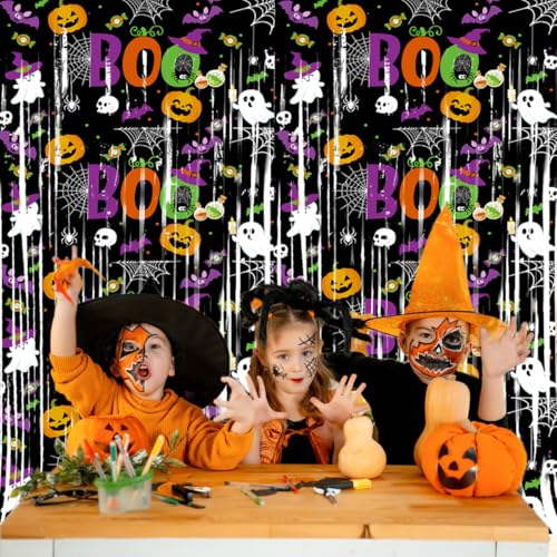 Halloween Foil Fringe Curtains - 2 Pack Black, Orange, Purple Tinsel Party Decorations