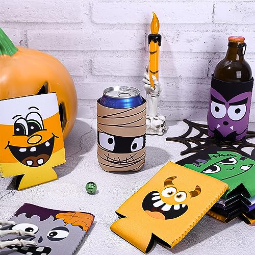 Halloween Can Sleeves Set with Cute Pumpkin Bat Ghost Cat Designs - Reusable Insulated Beverage Covers