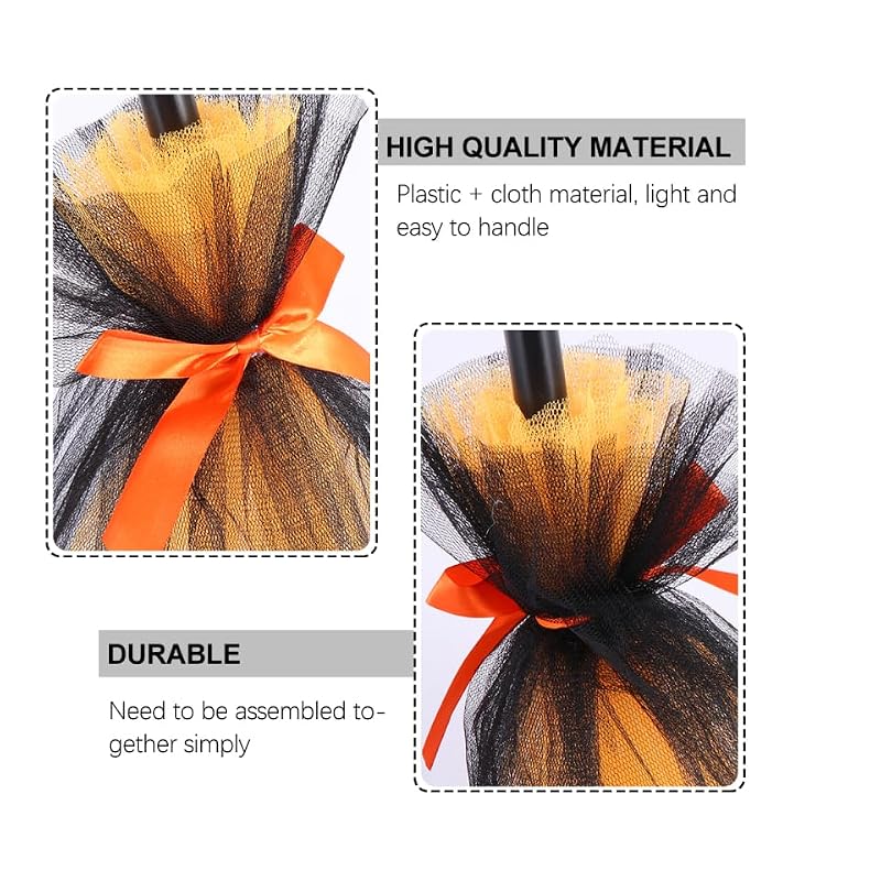Halloween Witch Broom Prop with Gauze Decoration - Orange Costume Accessory