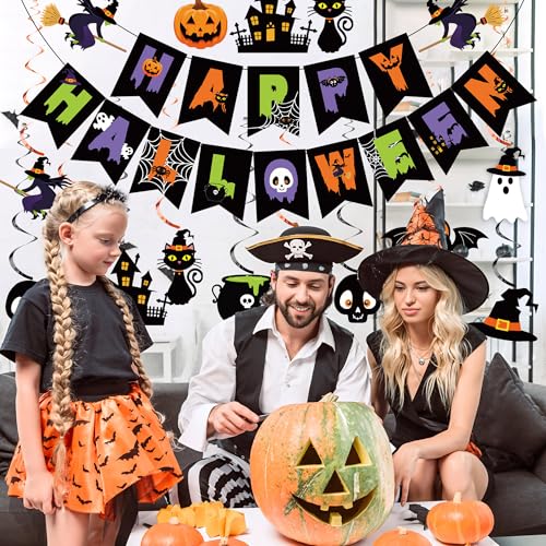 Halloween Party Decorations Banner & Hanging Swirls - Ghost Pumpkin Witches