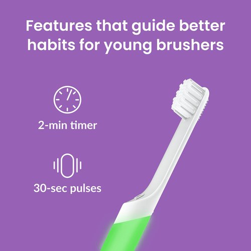 Quip Sonic Toothbrush for Kids with Timer - Includes Extra Brush Head and Travel Cover Mount - Electric, Soft Bristle Refill Head, Plastic Handle, 3 Month Battery Life, Glow in The Dark Green