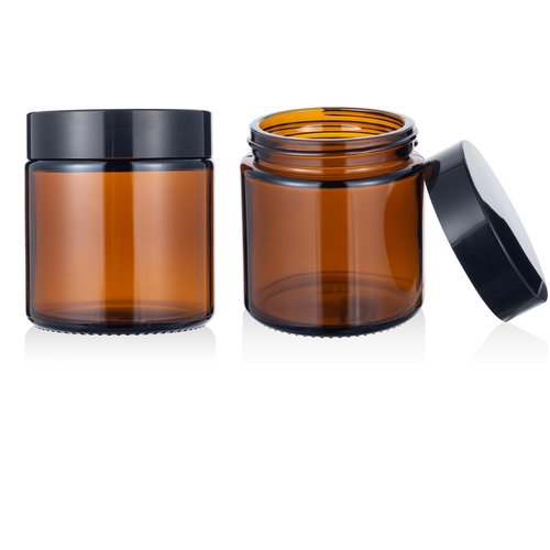 4oz Amber Glass Jars with Lids - 2 Pack Leakproof Glass Containers for Cosmetics, Creams, Lotions, or Candles, Includes Label Stickers
