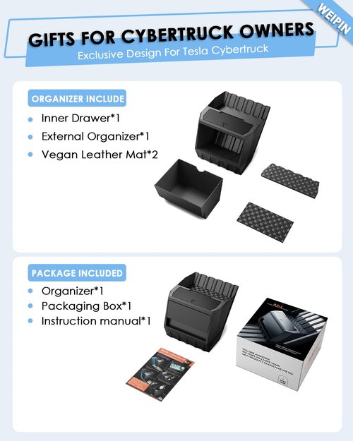 For Tesla Cybertruck Floor Console Organizer - [Easy To Install] Push to Open 2-in-1 Cyber Style Car Trash Can& Console Storage Vegan Leather Mats for 2024 2025 Cybertruck-Waterproof Drawer Organizer