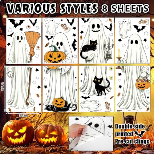 Large Ghost Halloween Window Stickers - White, 8 Sheets for Indoor & Outdoor Decor