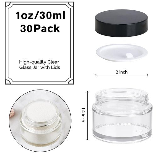 1oz Glass Jar with Lid, Hoa Kinh 30Pack Clear Round Containers Cosmetic Jars with Inner Liners and Black Lids Travel Jars for Storing Lip and Body Scrub, Lotion, Body Butter, Bath Salts, Liquid