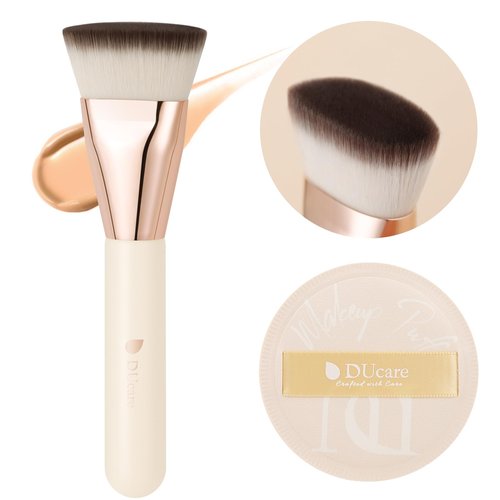 DUcare Foundation Brush & Makeup Puff Set, Flat Top Kabuki Brush for Liquid Cream Powder, Cream Perfect for Base Makeup