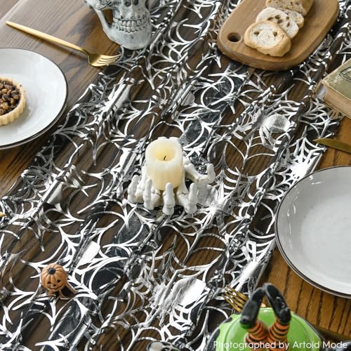 Black Silver Spider Web Gauze Table Runner 28x120 Inch Halloween Decor