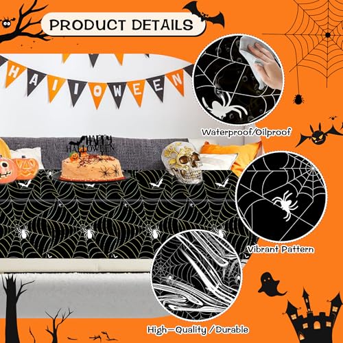 Halloween Plastic Tablecloth Waterproof Disposable Rectangular Cover - Black Spider Web, 54×108 Inches (3 Pcs)