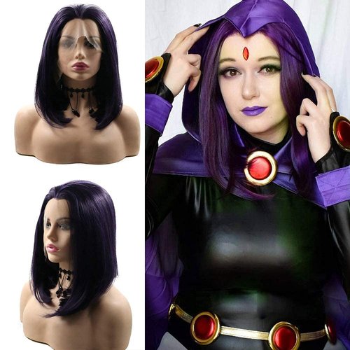 Short Bob Lace Front Wigs with Baby Hair Blend Purple Shoulder Length Natural Hairline Glueless Synthetic Silky Straight Wig for Black Women Heat Safe Fiber Cosplay Costume Daily Summer Wigs 14 Inch