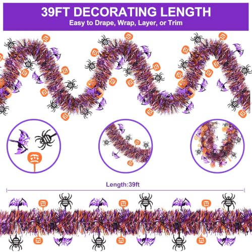 Purple Halloween Tinsel Garland 39FT with Spider & Pumpkin Decor