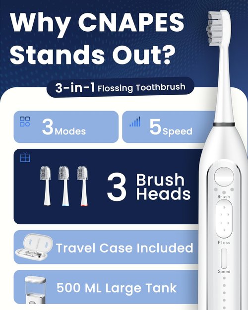 Electric Toothbrush with Water Flosser 3-in-1 Combo, Professional Sonic Toothbrush for Adults, 3 Brush Modes+5 Floss Speeds, Rechargable, 2.0 Flossing Toothbrush for Oral Care, Portable Travel Case