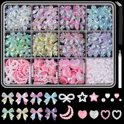 600 Pcs Nail Charms Set with Bow, Heart, Moon & Pearls - 8 Colors, Model 11