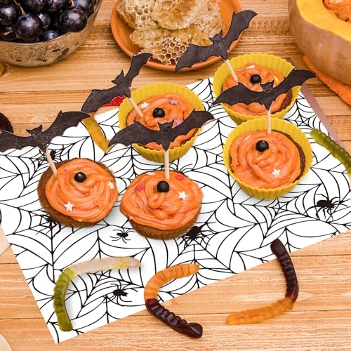 Halloween Wax Paper Wraps - Black & White Spider Web Design, 100 Pack, 9.8x8.3 inches, Waterproof & Oil-Proof Food Liners, Party Decor