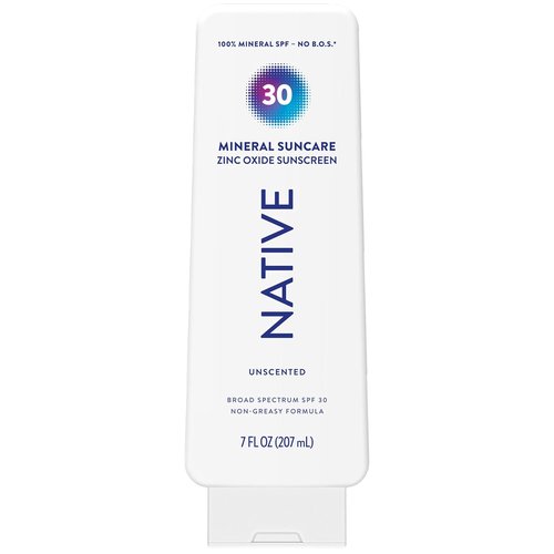 Native Mineral Sunscreen Lotion SPF 30 - Unscented, 100% Mineral Zinc Oxide, Vegan, 7 oz