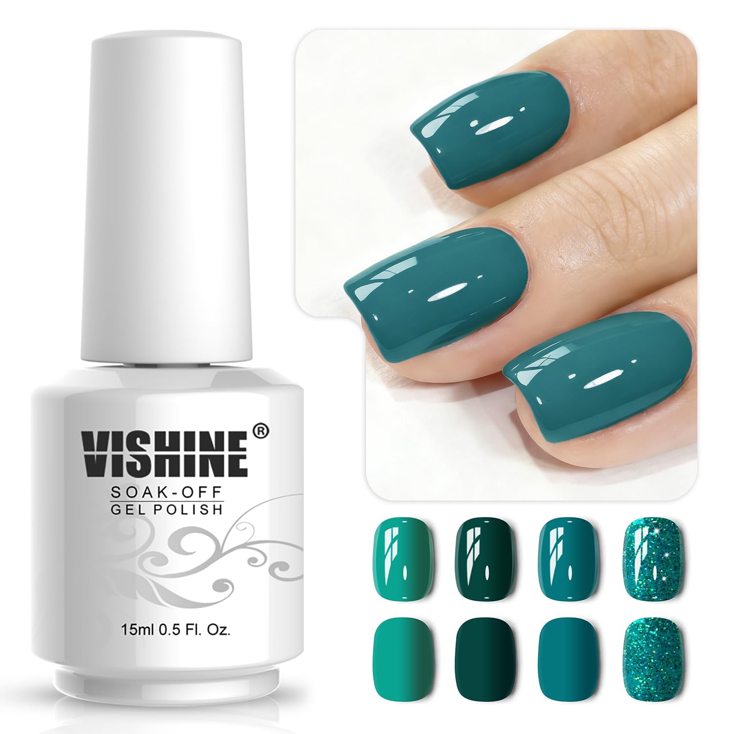 Vishine 4 Colors Green Teal Gel Nail Polish Kit 15ml, Glitter Green Sparkle Gel Nail Polish Set, Drak Green Gel Polish Nail Art Home DIY Salon