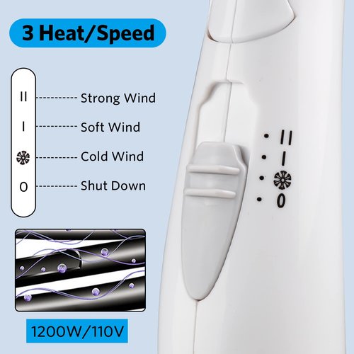 Travel Hair Dryer 1200W Folding Handle Lightweight Blow Dryer,Smart Portable 3 Heat Settings Professional Compact Hair Dryer,Fast Drying for Women