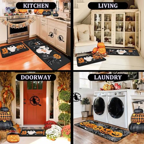 Ghost Halloween Kitchen Rugs Set of 2 - 17x47 & 17x30 Inches Non-Slip Floor Mats