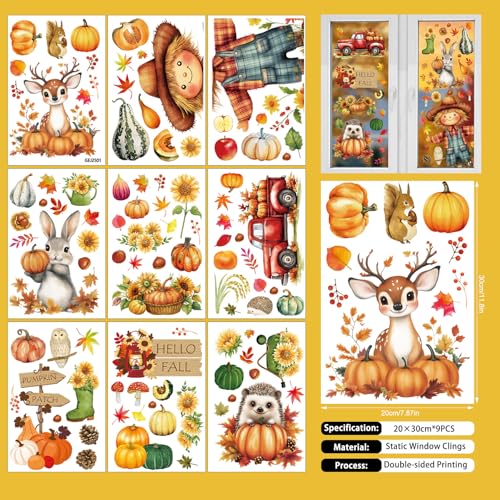 Fall Window Clings Set - Scarecrow & Autumn Decorations, Reusable Static Stickers