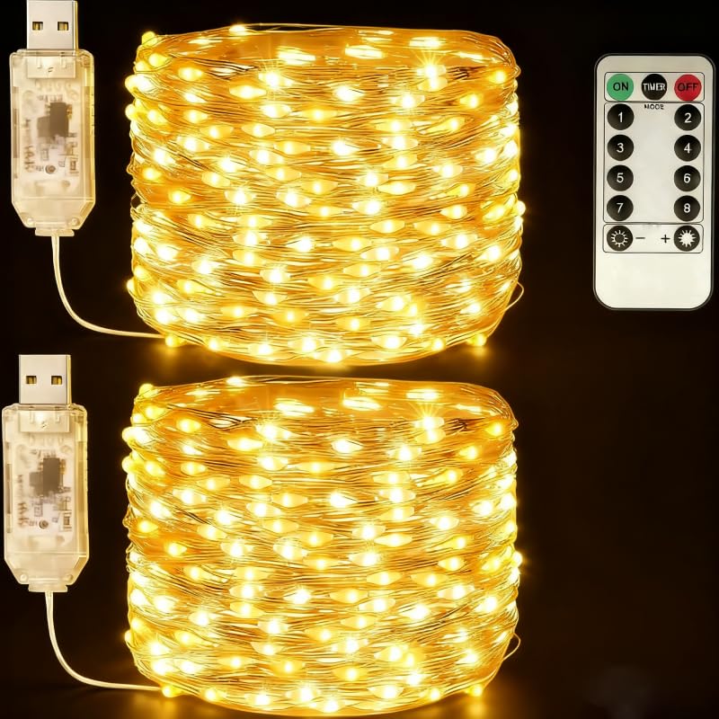 USB Fairy String Lights 33ft 100 LED Warm White 8 Modes Remote Timer 2 Pack
