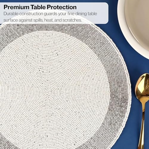 Alpha Living Home Silver White Beaded Round Placemats Set of 4 - 13 Inch Table Decor