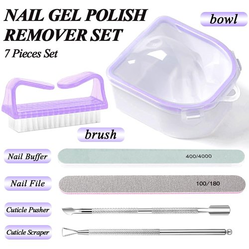 Nail Soaking Bowl, Gel Nail Polish Remover Kit, Manicure Bowl for Hand, Dip Powder Remover Tools, Nail Soak Off Bowl for Acrylic Nails, Nail Brush, Cuticle Pusher, Cuticle Peeler, 100/180 Nail File,