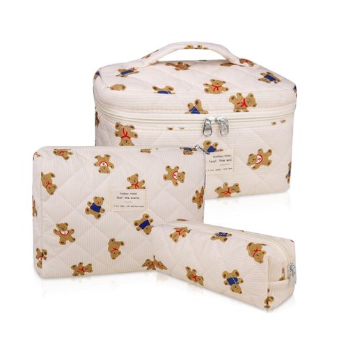 Gosect 3PC Makeup Bag Large Floral Cosmetic Bag Makeup Bag for Women（Bear