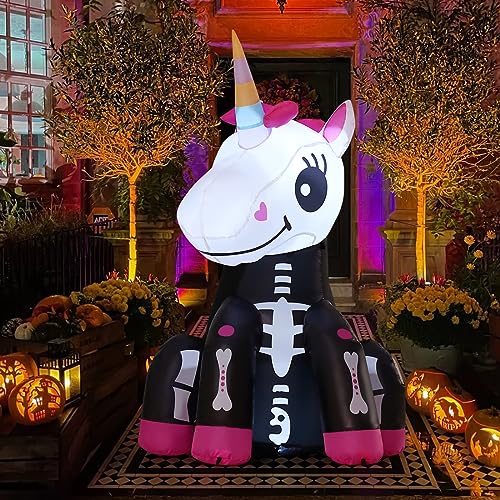Halloween Inflatable Skeleton Unicorn Decor with LED Lights - 4Ft Pink Yard Decoration