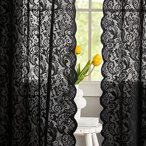 Black Sheer Lace Curtains Set of 2 - 52W x 96L Victorian Gothic Window Panels - Variation: Black / 52"W x 96"L