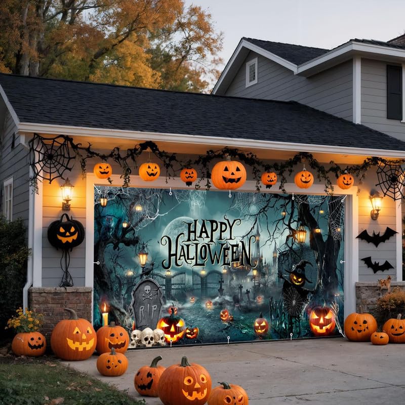 Halloween Garage Door Cover Banner 18x7ft Spooky Graveyard Backdrop - Outdoor Holiday Decoration - Variation of THIS listing