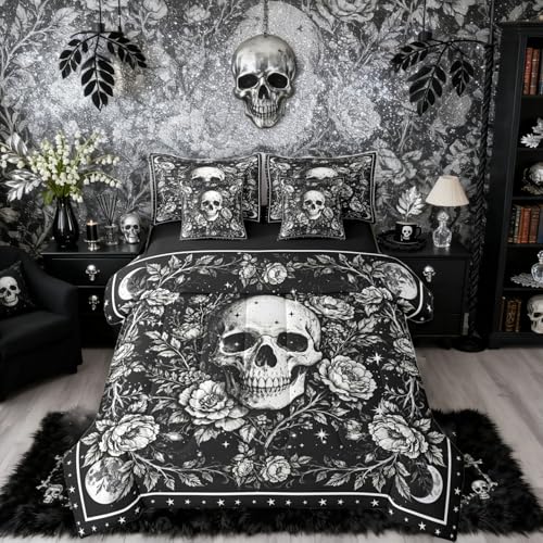Queen Gothic Comforter Set with Sheets - White & Black Skeleton Halloween Bedding
