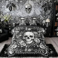Queen Gothic Comforter Set with Sheets - White & Black Skeleton Halloween Bedding