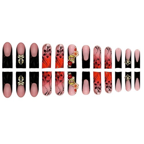 24Pcs Red French Tip Fake Nails Long Square Press on Nails pink Full Cover Glue on Nails with 3D Flower and Rhinestones Designs False Nails Gold Metallic Heart Acrylic Nail for Women