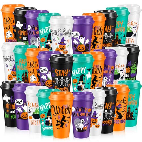 Halloween Plastic Cups with Lids & Straws - 16 oz Pumpkin Design, 30 Pack