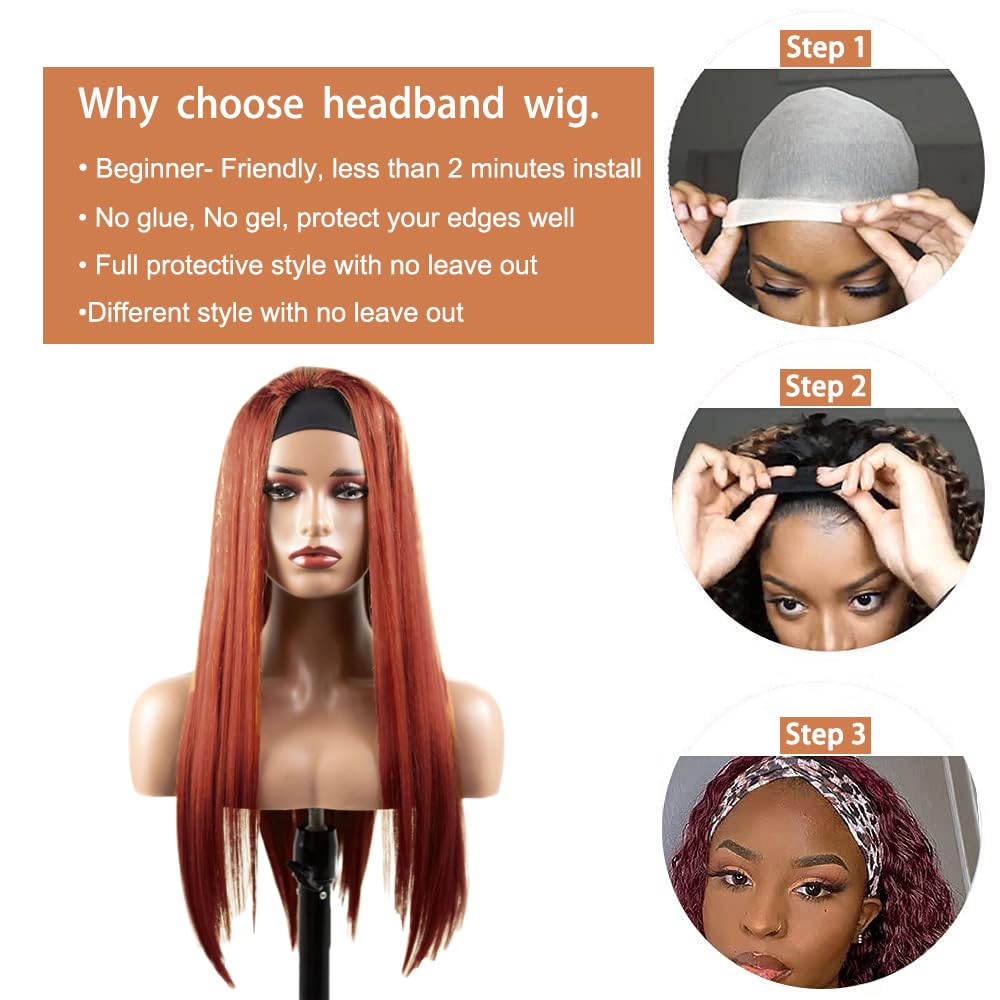 YiweYowe 22 Inch #33 Reddish Brown Headband Wig Human Hair 150% Density Grade 8A Unprocessed Brazilian Virgin Hairs Machine Made Auburn Brown Straight Headband Wig Human Hair None Lace Front Wig