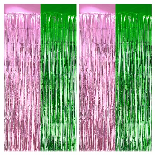 Pink & Green Foil Fringe Backdrop - Metallic Tinsel Curtain for Party & Event Decor
