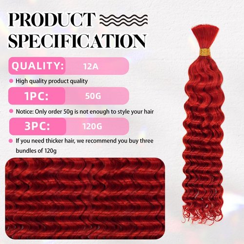 18 Inch Deep Wave Human Braiding Hair for Boho Braids – 50g 1 Bundles/Pack Red 100% Unprocessed 12A Brazilian Virgin Human Hair Bulk, No Weft, Wet & Wavy Curly Extensions