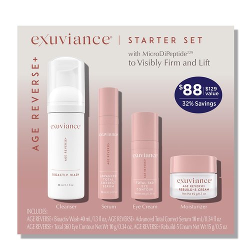 Exuviance Age Reverse+ Anti-Aging Skin Care Set - Mini Starter Kit with Exfoliating Wash, Serum & Cream - 4 ct